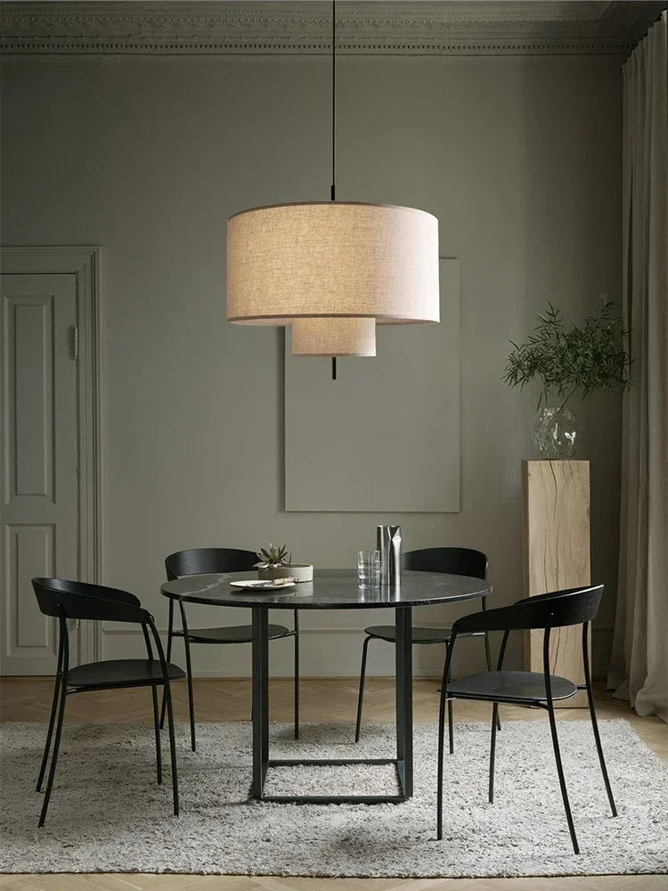 Suspension lumineuse moderne toile lin beige clair salon étude chambre lumière froide neutre chaude