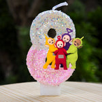bougies décoratives teletubbies anniversaire enfant blanc rose pailletées brillantes multicolores personnages