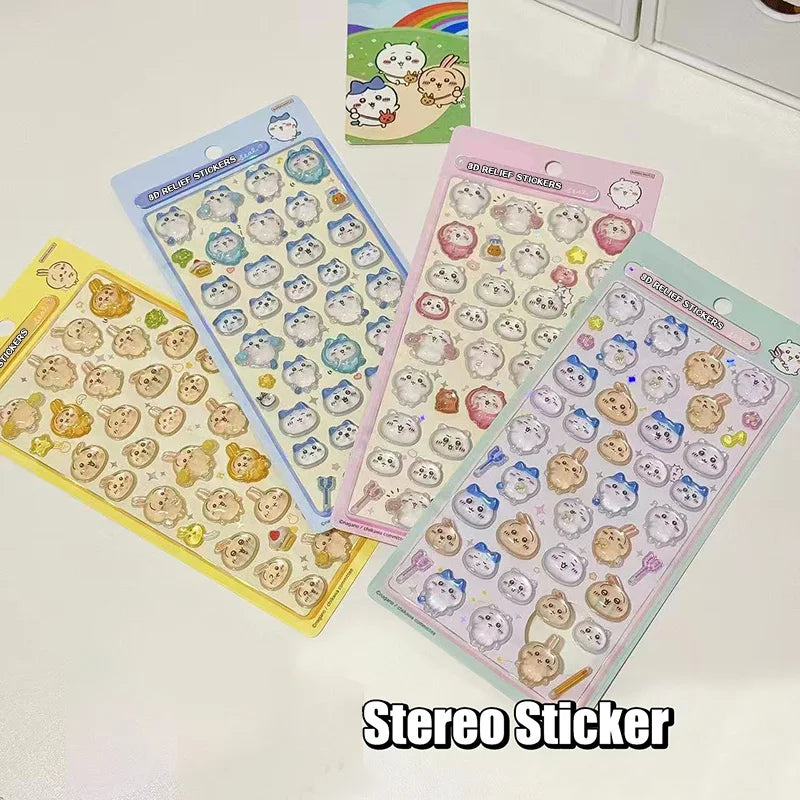 stickers 3d kawaii animaux mignons lapins chats blanc beige bleu rose vert clair jaune