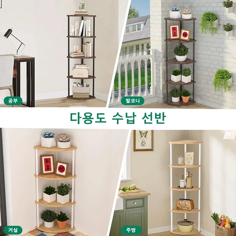 étagère d'angle murale bois moderne brun foncé rangement livres décorations plantes chambre salon minimaliste