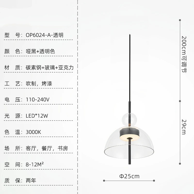 suspension lumineuse moderne transparente noir minimaliste led pendentif simple salle manger cuisine bar restaurant