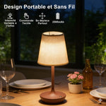 lampe chevet portable sans fil abatjour tissu texturé base marron abatjour crème controle tactile