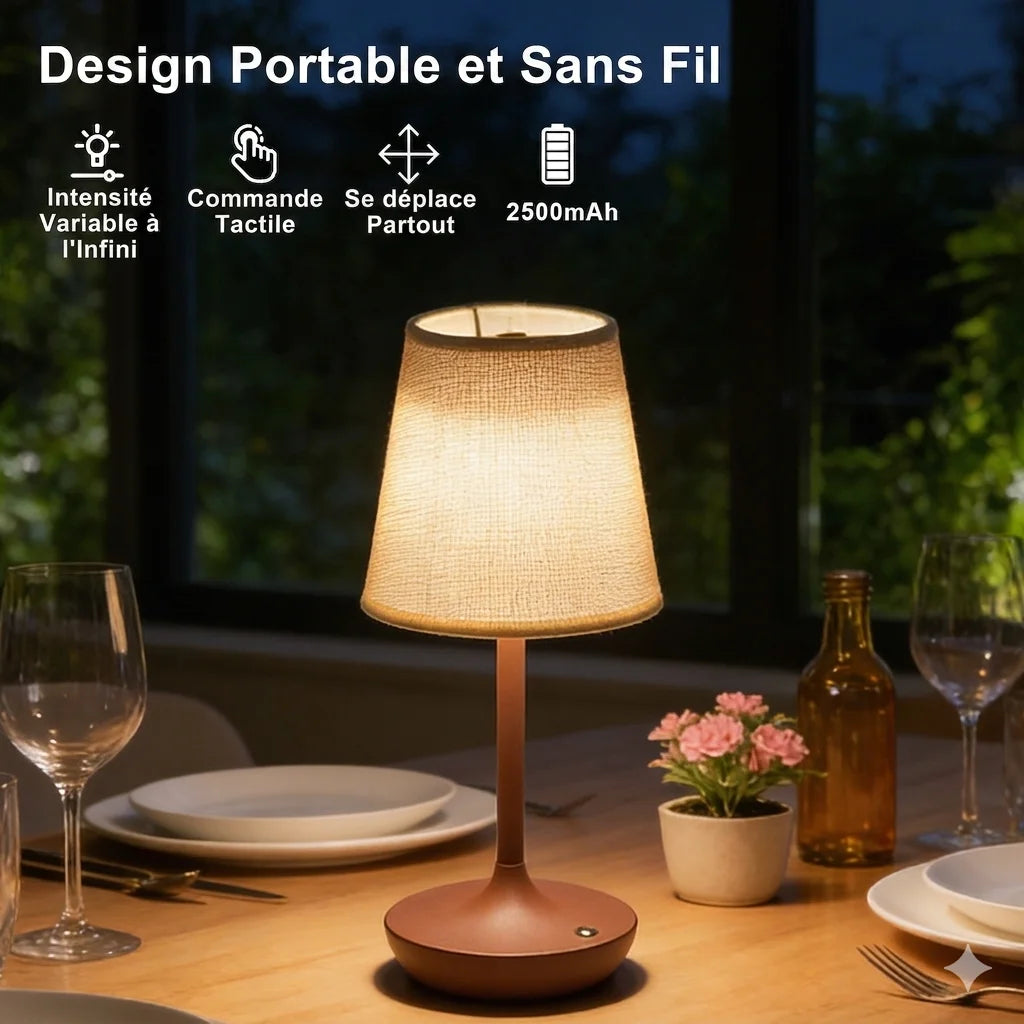 lampe chevet portable sans fil abatjour tissu texturé base marron abatjour crème controle tactile