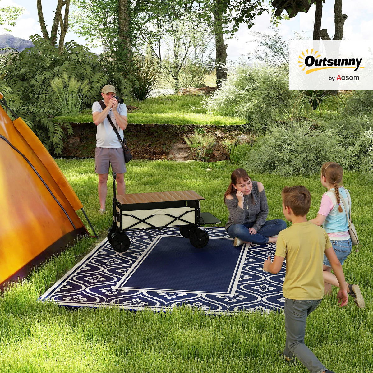 tapis extérieur pliable bleu blanc motifs floraux orientaux salon jardin camping