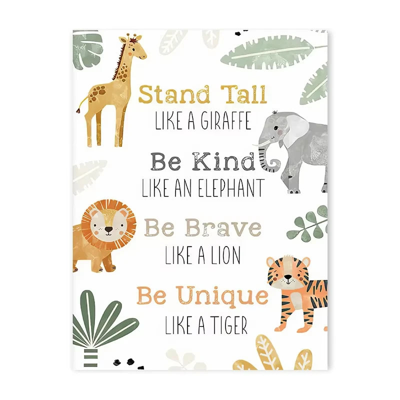 affiche toile animaux jungle lion zebre elephant decor chambre enfant cartoon beige vert