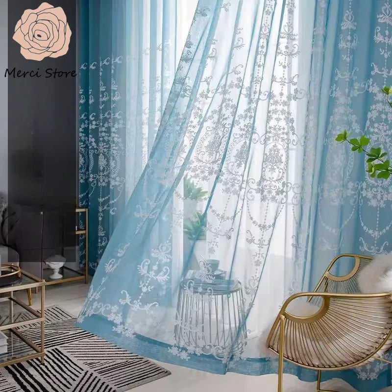 rideau bleu clair semi transparent brodé fleurs classique chambre coucher isolation thermique polyester