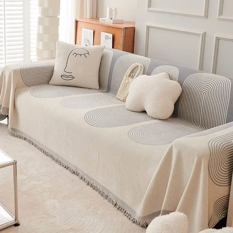 couverture canapé moderne motif géométrique beige gris oreiller décoratif