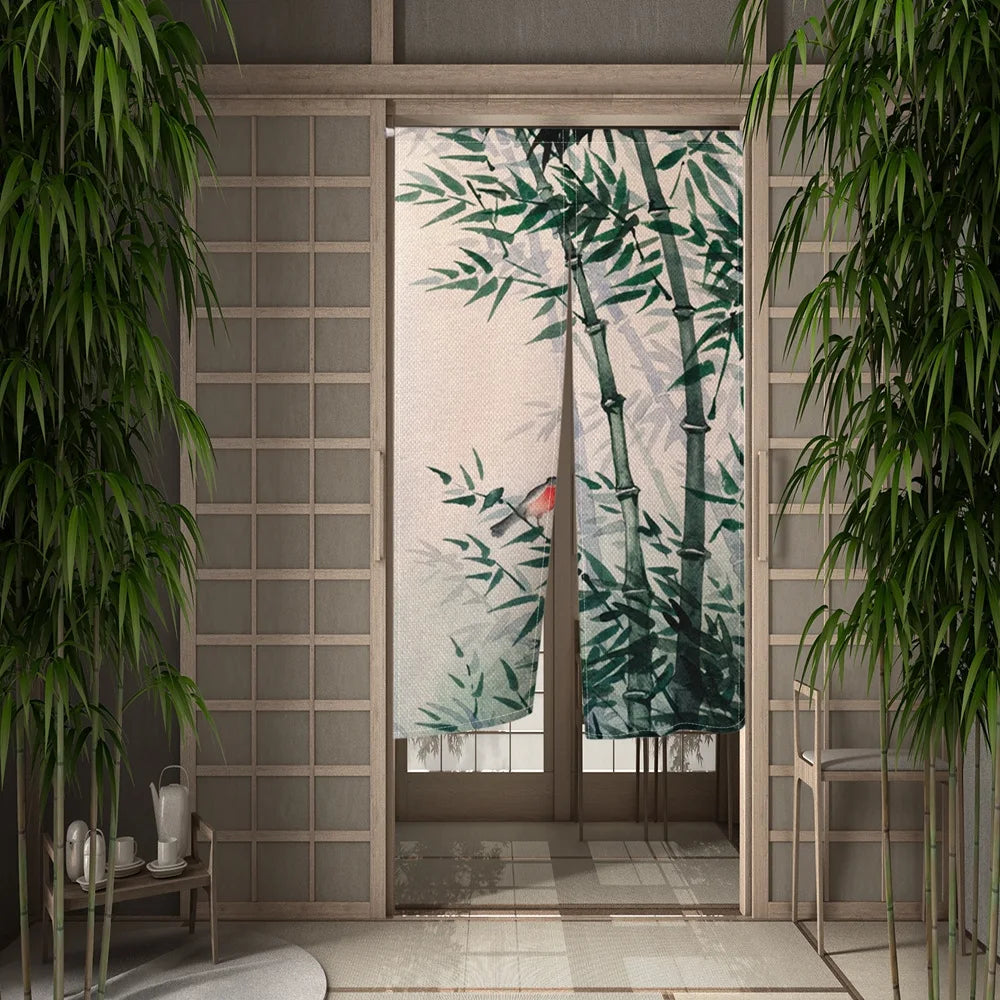 Rideau de porte japonais installé dans une cuisine avec lumière naturelle