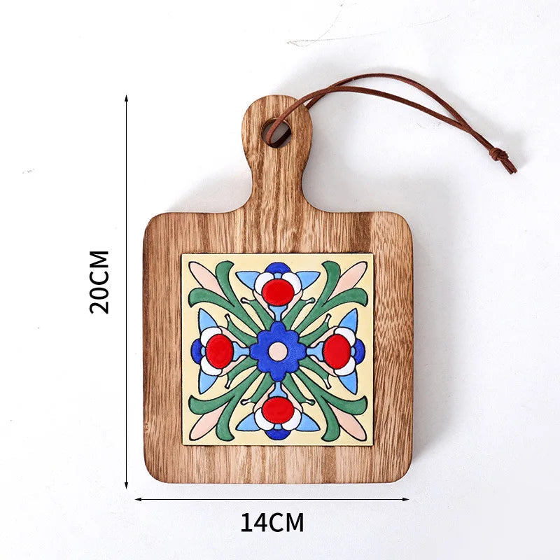 planche découper artisanale motifs floraux colorés cartes d'information bois naturel 20cm 14cm