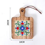 planche découper artisanale motifs floraux colorés cartes d'information bois naturel 20cm 14cm