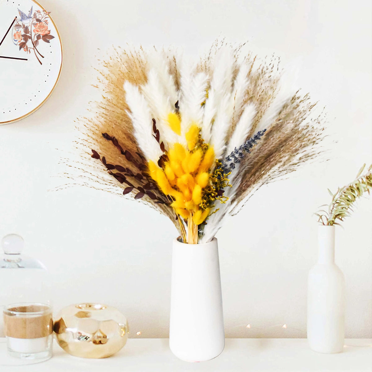bouquet fleurs séchées naturel divers motifs blanc beige jaune marron violet décoration maison anniversaire