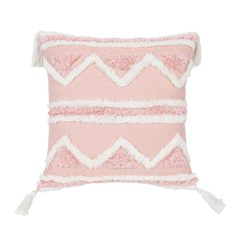 coussins boho chic rose clair blanc motif géométrique pompons opaques adhésifs