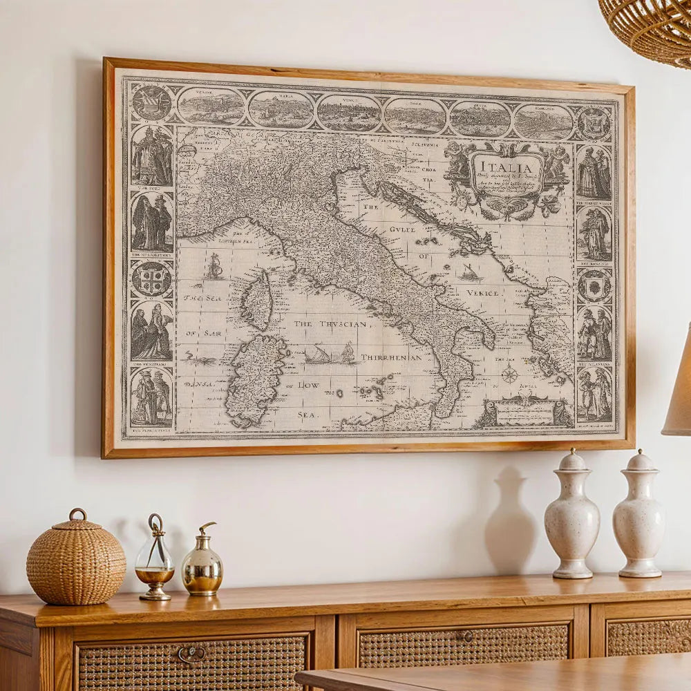 carte murale italie vintage toile gravée cadre bois salon chambre decoration paysage classique impermeable