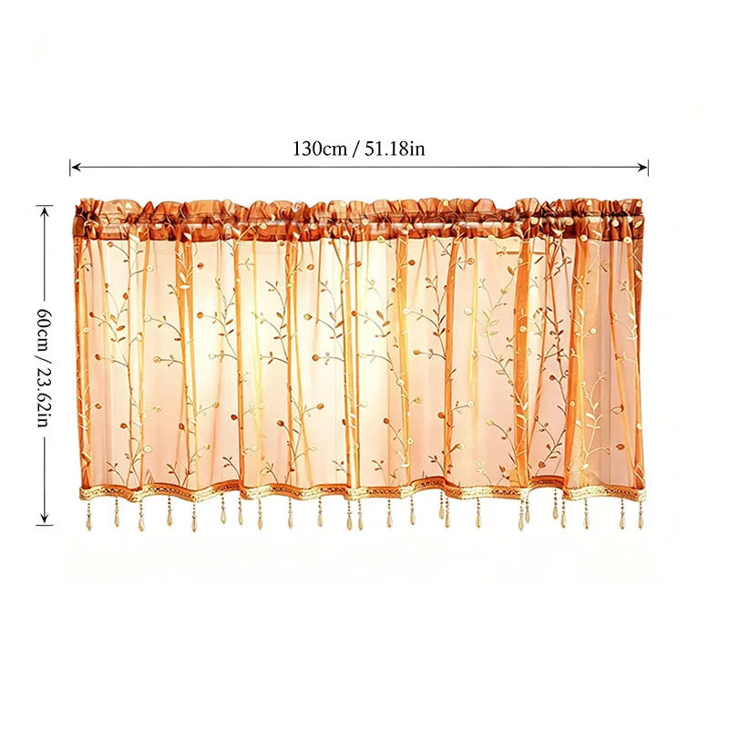 rideau semi transparent polyester brodé floral doré orange clair classique 130cm 60cm