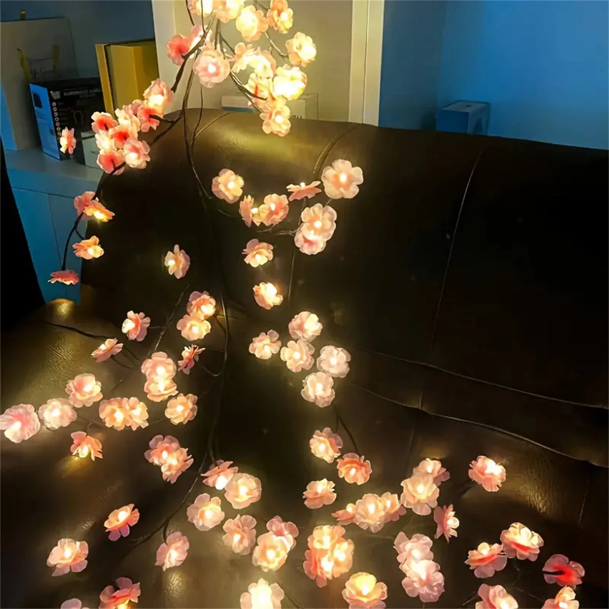 guirlande lumineuse fleurs artificielles rose clair noir moderne 96 led usb