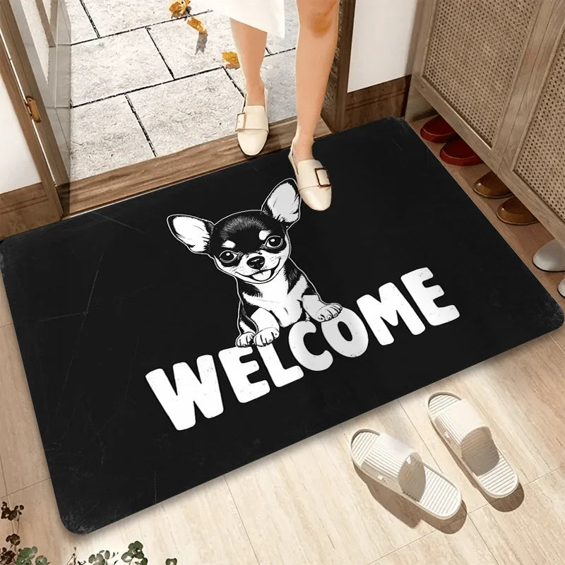 tapis d'entrée chihuahua noir welcome moderne résistant décoloration antidérapant polyester mousse mémoire forme