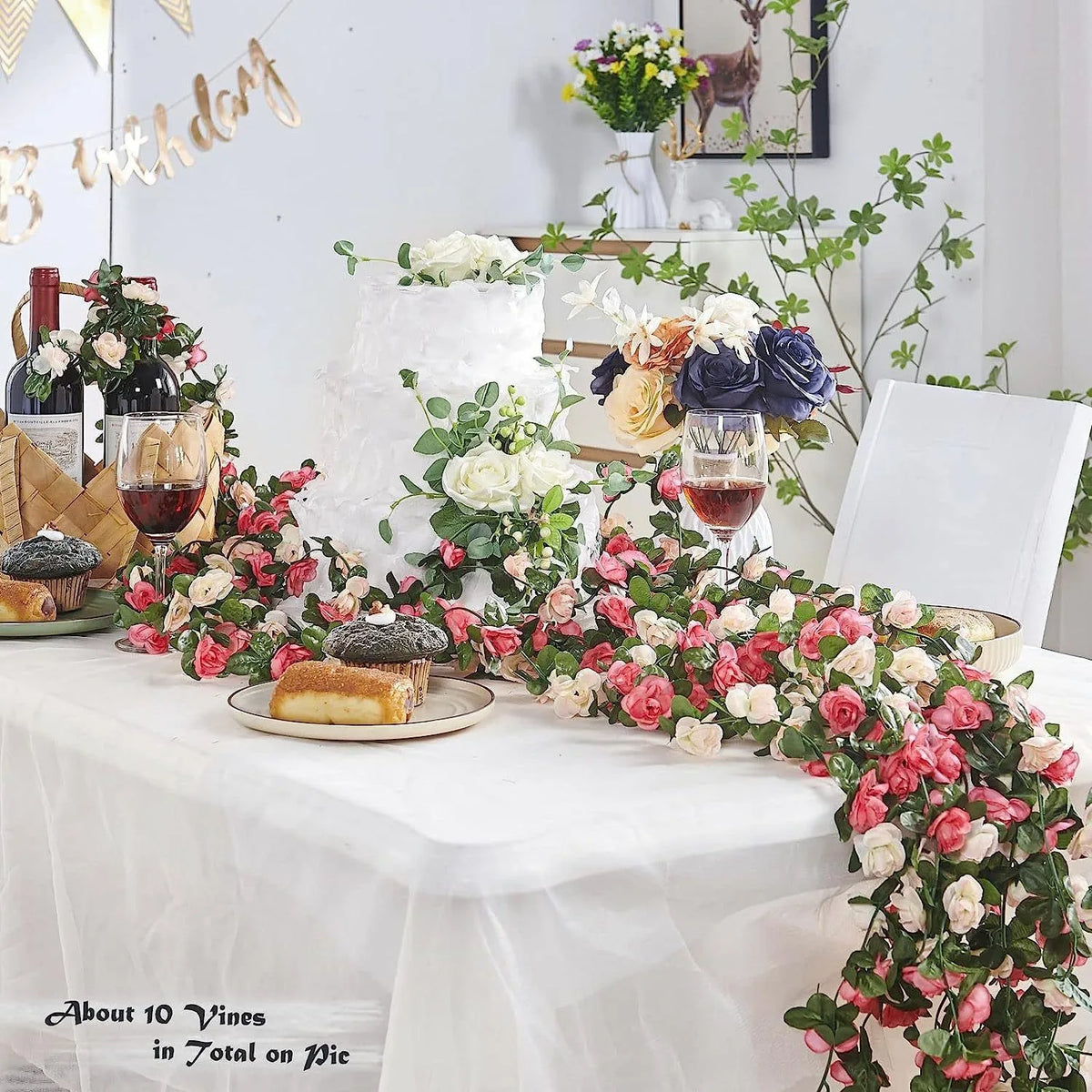 guirlande artificielle roses blanches vertes mariage décoration intérieure diy fleurs feuilles adhésif floral