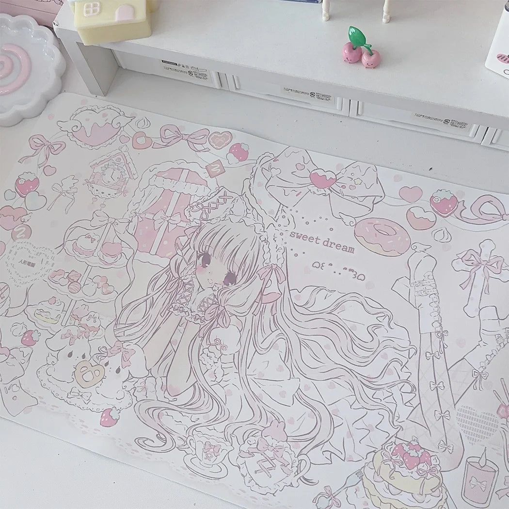 tapis illustration fille mignonne gâteaux coeurs blanc rose pastel doux