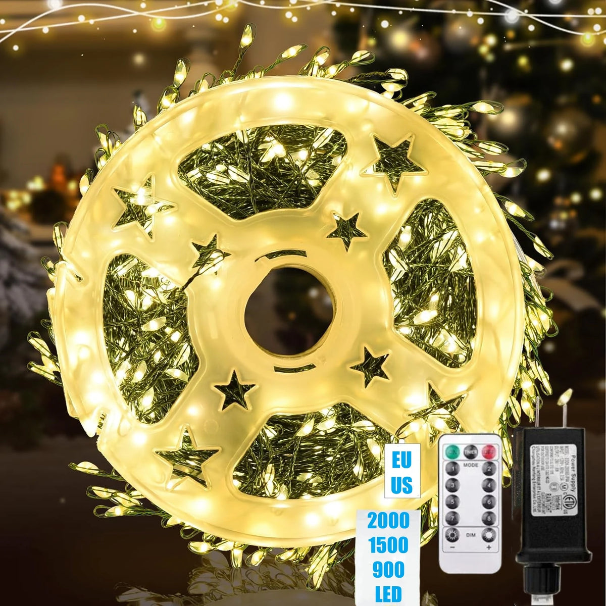 guirlande lumineuse étoiles dorées blanc moderne télécommande adaptateur secteur halloween noël 30m 50m 75m