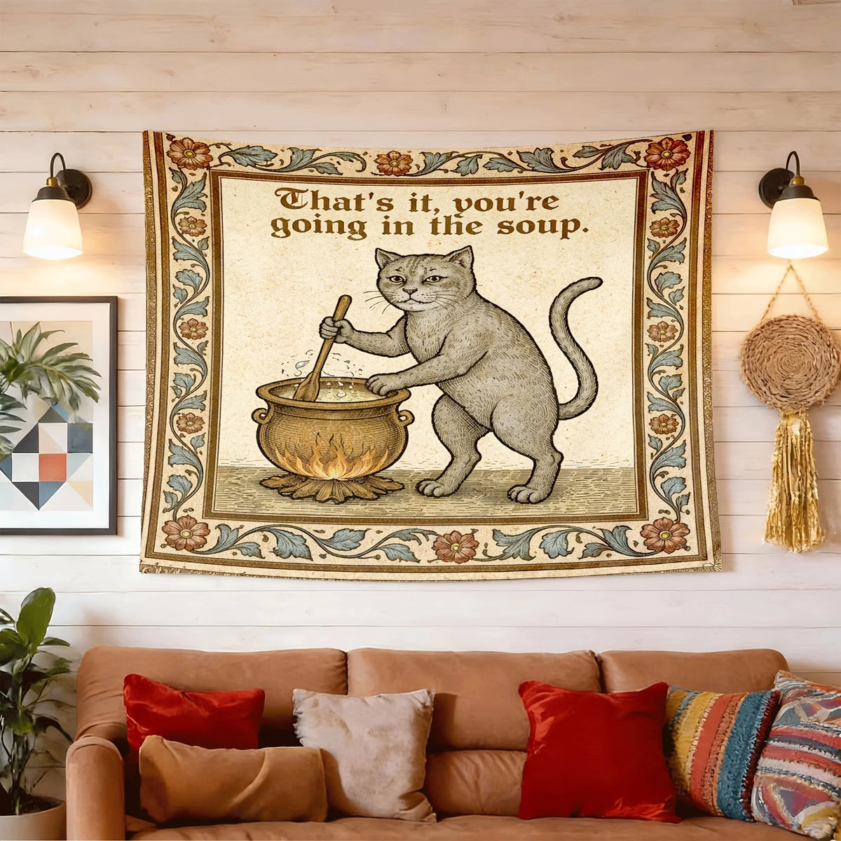 tapisserie vintage chat motif animal compagnie beige gris humoristique