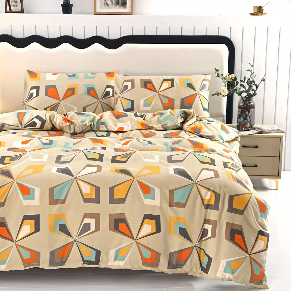 ensemble literie moderne motif géométrique beige orange gris bleu clair 100 polyester brossé 3d