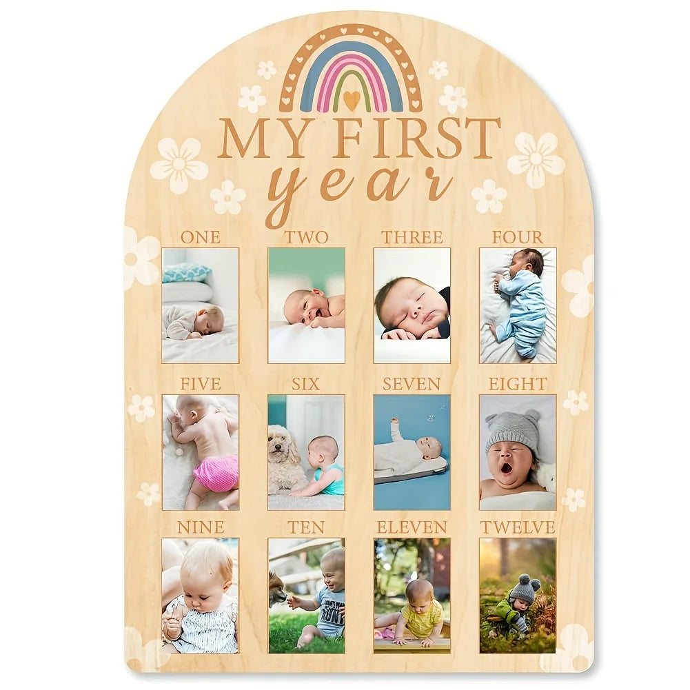 tableau photo murale moderne 12 mois bébé motifs floraux arc ciel blanc bois naturel
