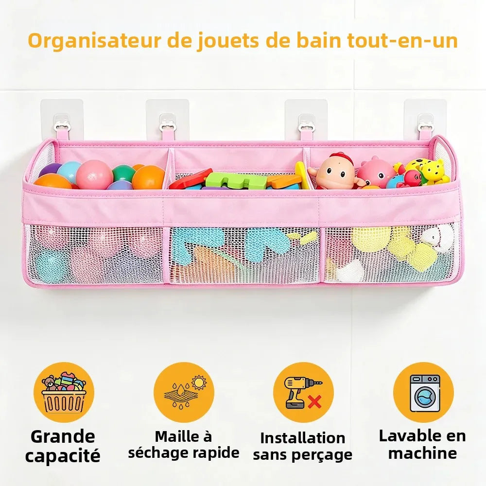organisateur jouets bain rose maille rapide séchage compartiments poche pratique moderne