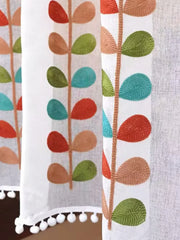 rideaux voilage blanc feuilles brodées pompons bohème translucides chambre salon cuisine