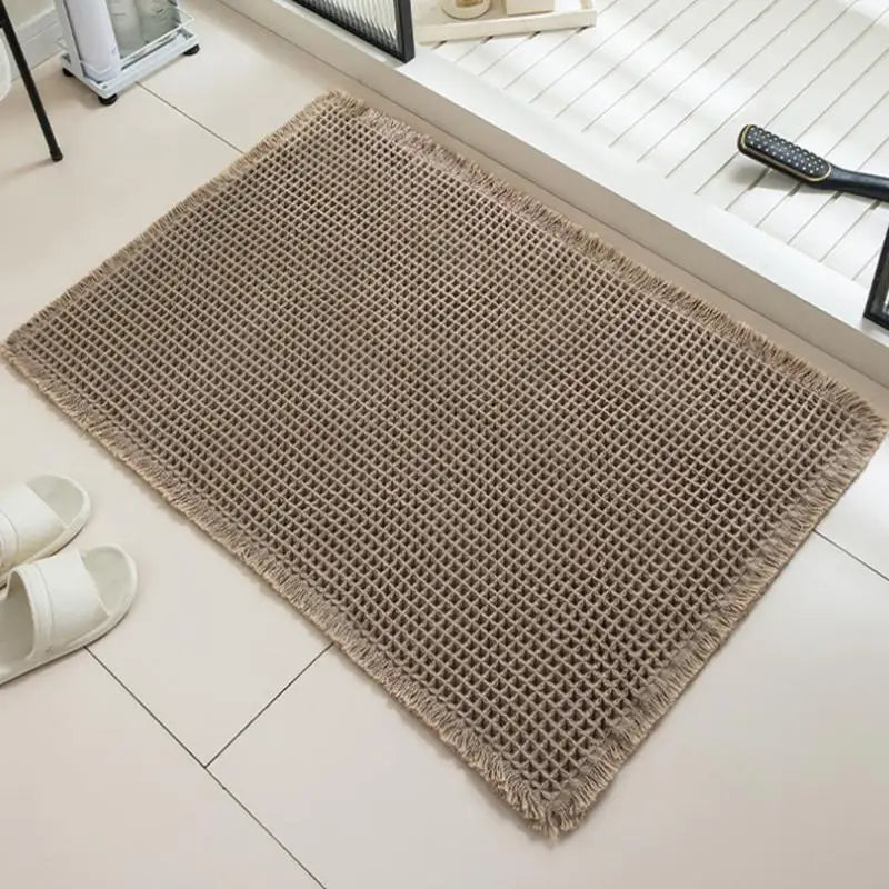 tapis bain beige clair gaufré antidérapant franges moderne dimensions 60x40cm