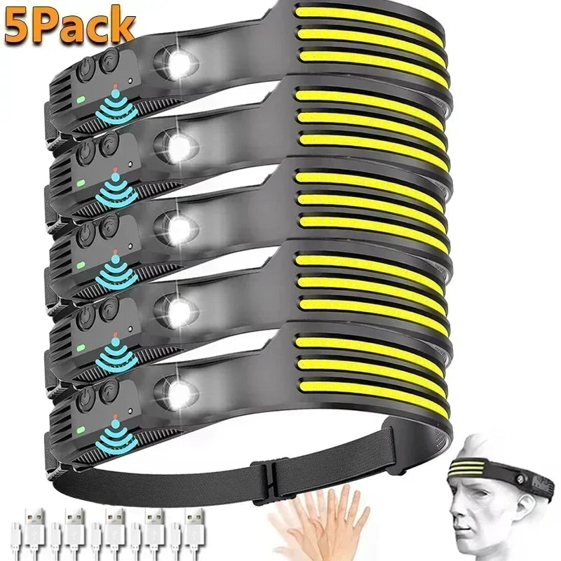 lampe frontale rechargeable led noir jaune rayures horizontales ceinture ajustable mode nuit running fishing