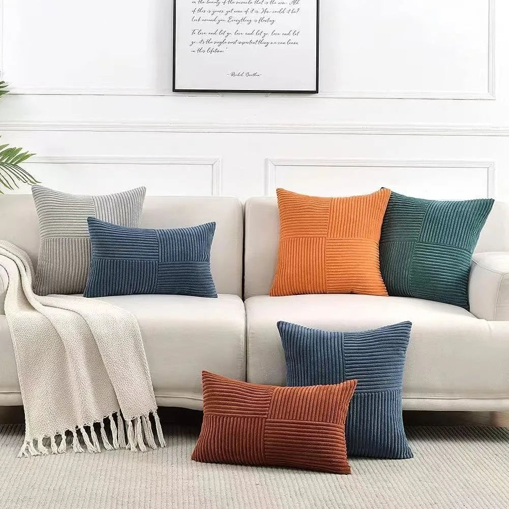 housse coussin polyester rayé moderne beige zip blanc salon decoration