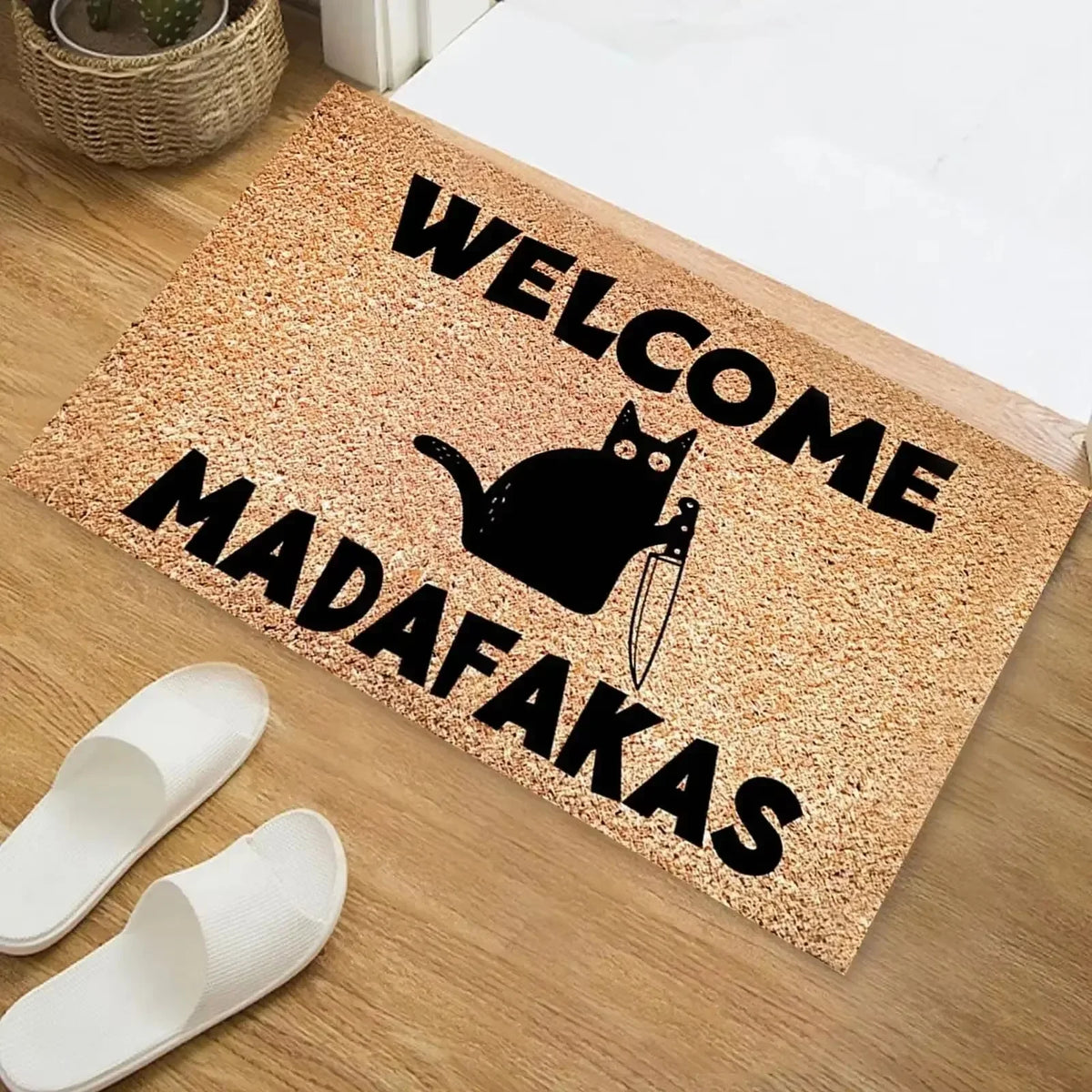 tapis entrée moderne imprimé chat texturé beige noir blanc 40x60cm imperméable