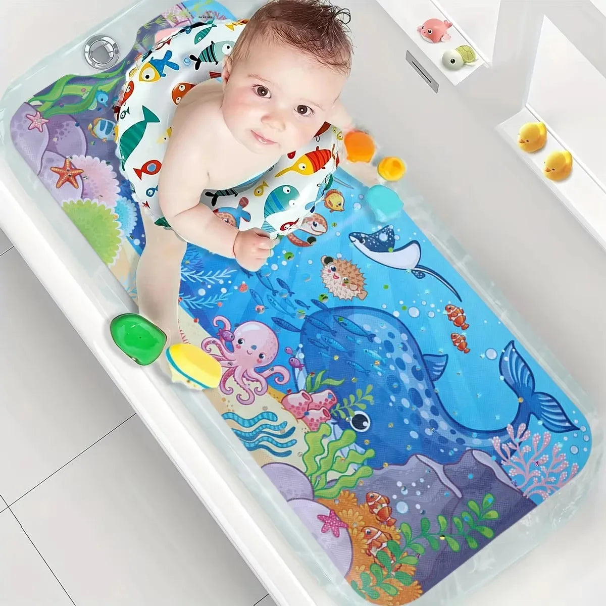 tapis baignoire enfant thème marin poissons coraux bulles ventouses salle bain sécurité antidérapant