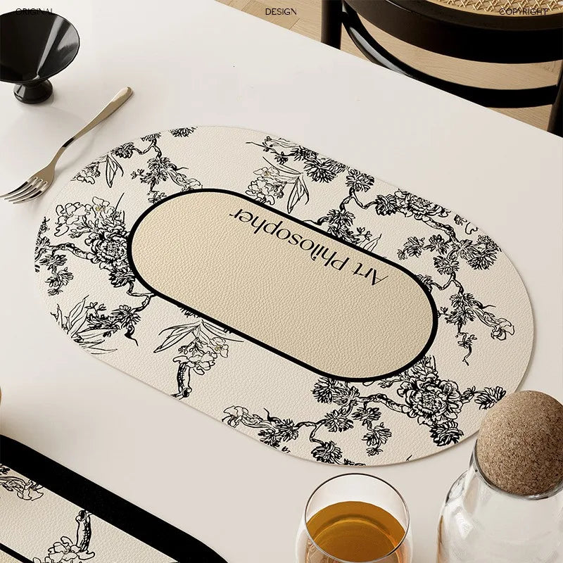 tapis table beige noir résistants chaleur imperméables lavables fleurs stylisées texture cuir classique élégant