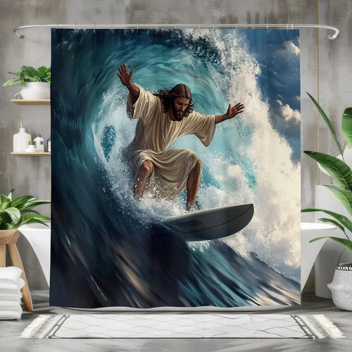 rideau douche surf illustration bleu blanc beige contemporain respectueux environnement