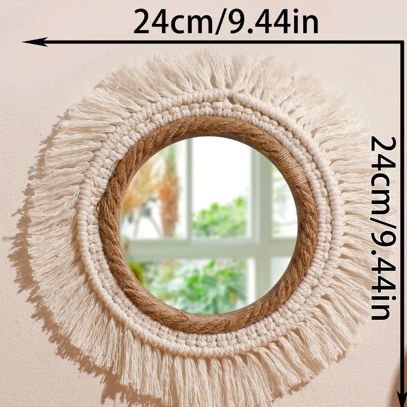 miroir mural bohème tressé franges blanches corde beige clair chambre salon decoration