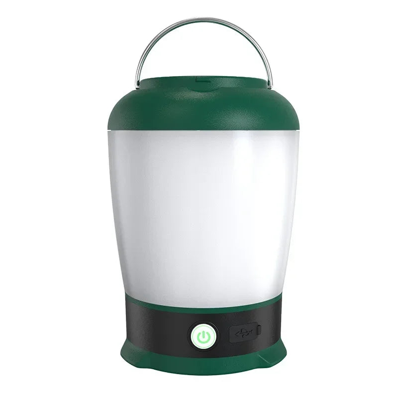 lampe camping rechargeable led vert blanc texture moderne pratique interrupteur anneau métallique étancheurgence