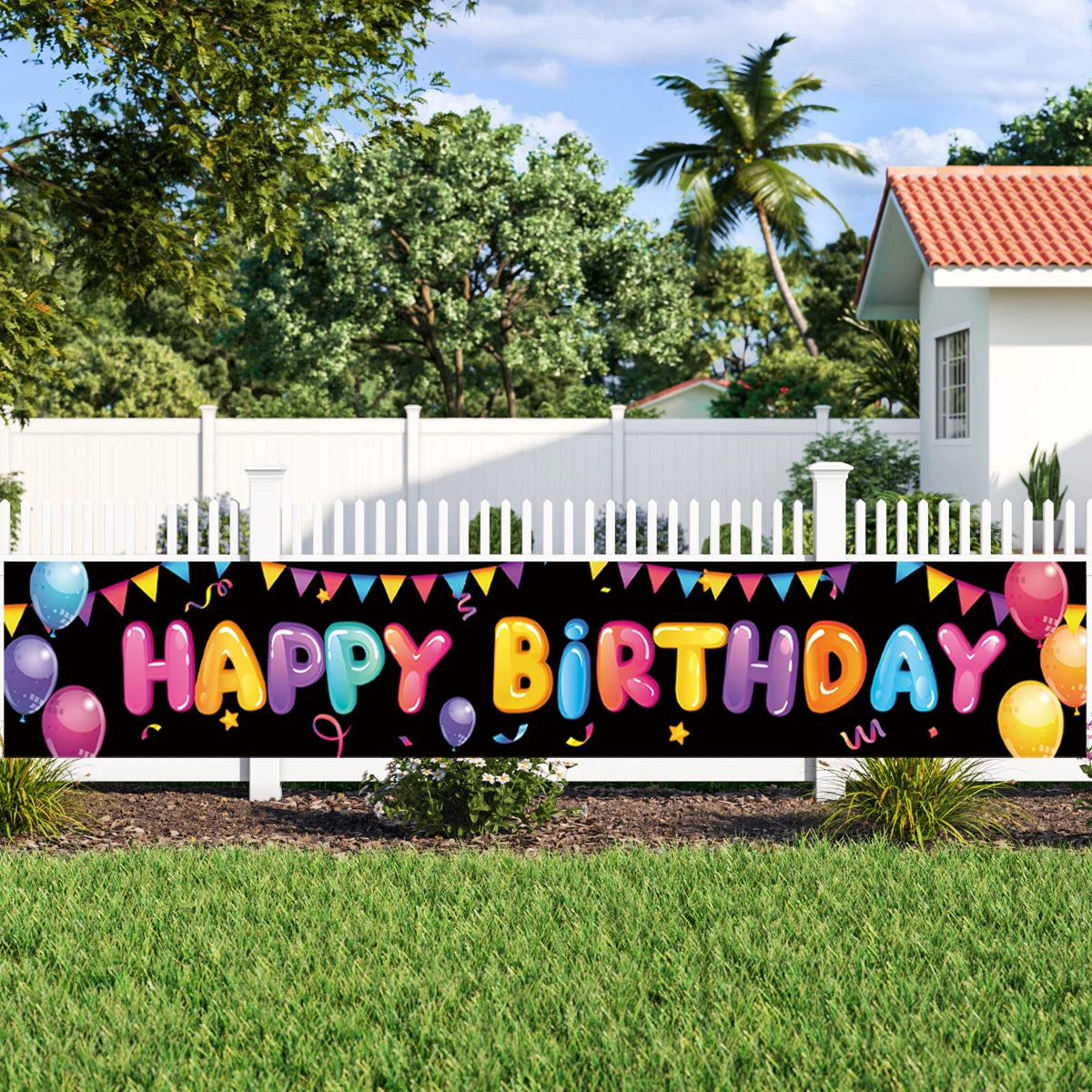 bannière anniversaire enfant moderne happy birthday ballons confettis clips doré noir festive