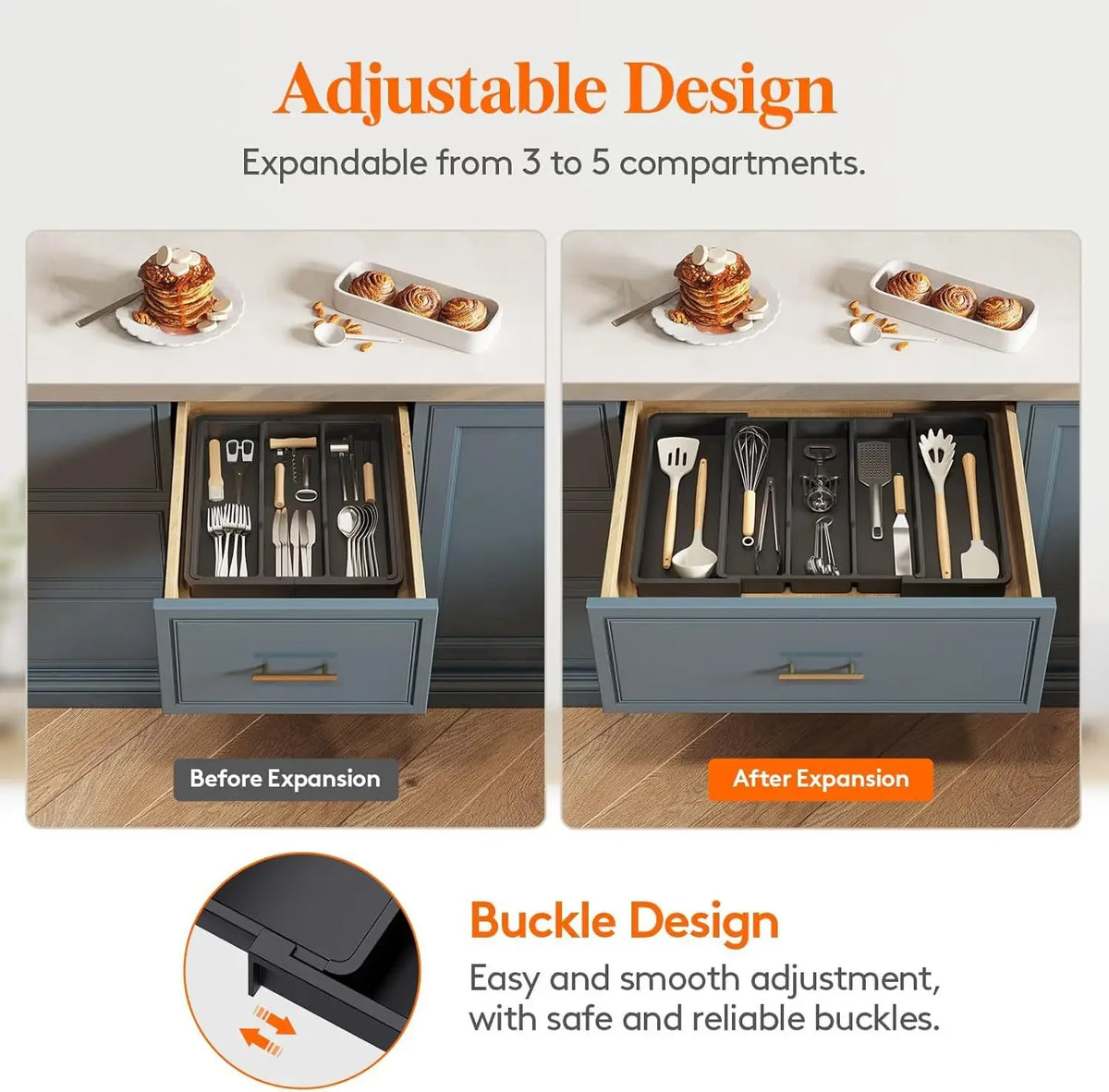 organisateur tiroir couteaux ustensiles cuisine plat noir modernes multifonctionnels pliables modulables rangement vaisselle