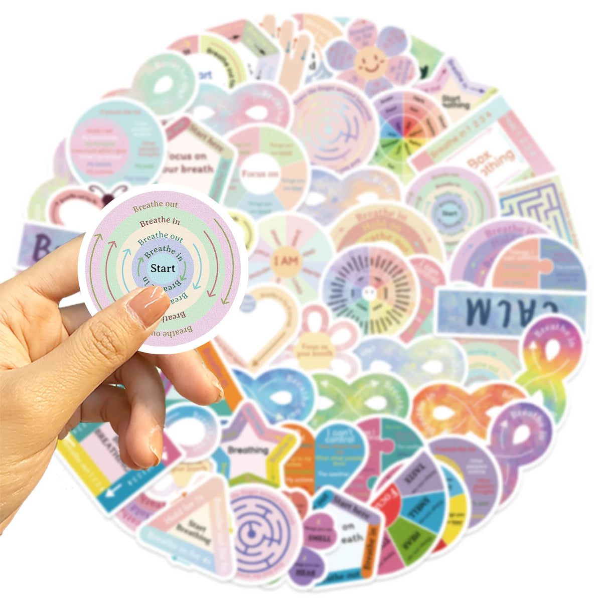 stickers adhésifs apaisants calmes textes circulaires modernes rose bleu vert jaune blanc trace labyrinthe