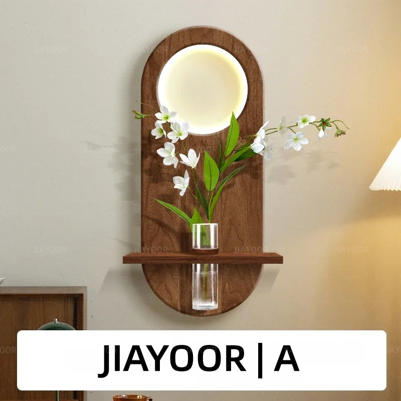 lampe murale moderne étagère intégrée bois marron foncé blanc minimaliste fixée mur vase fleurs