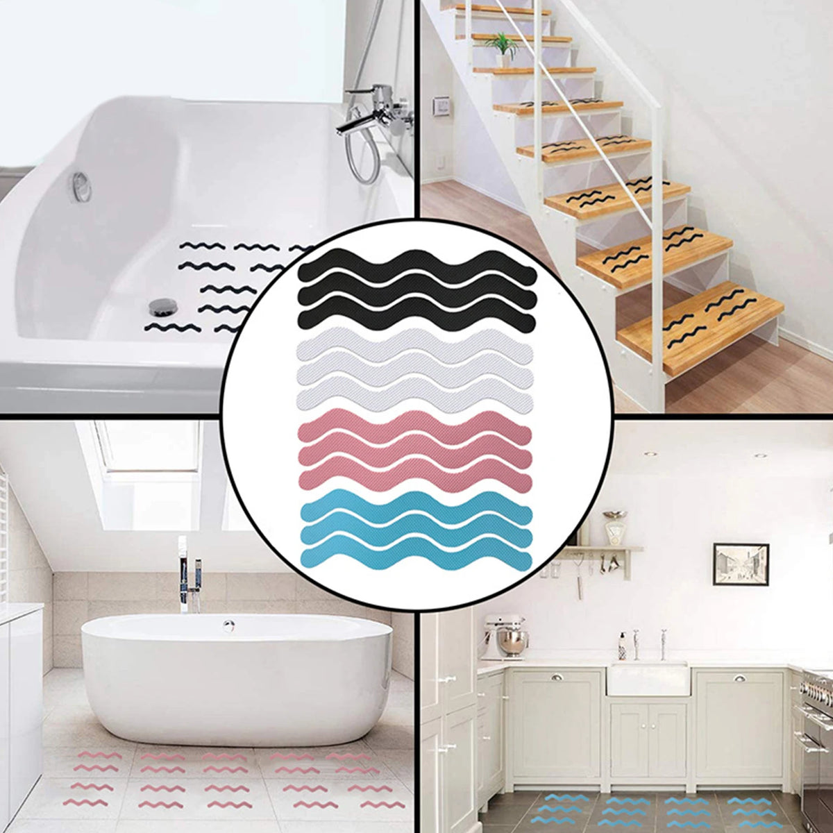 tapis antidérapant moderne adhésif noir gris rose bleu rayures ondulées salle bain sécurisé imperméable