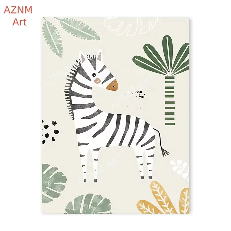 affiche toile animaux jungle lion zebre elephant decor chambre enfant cartoon beige vert