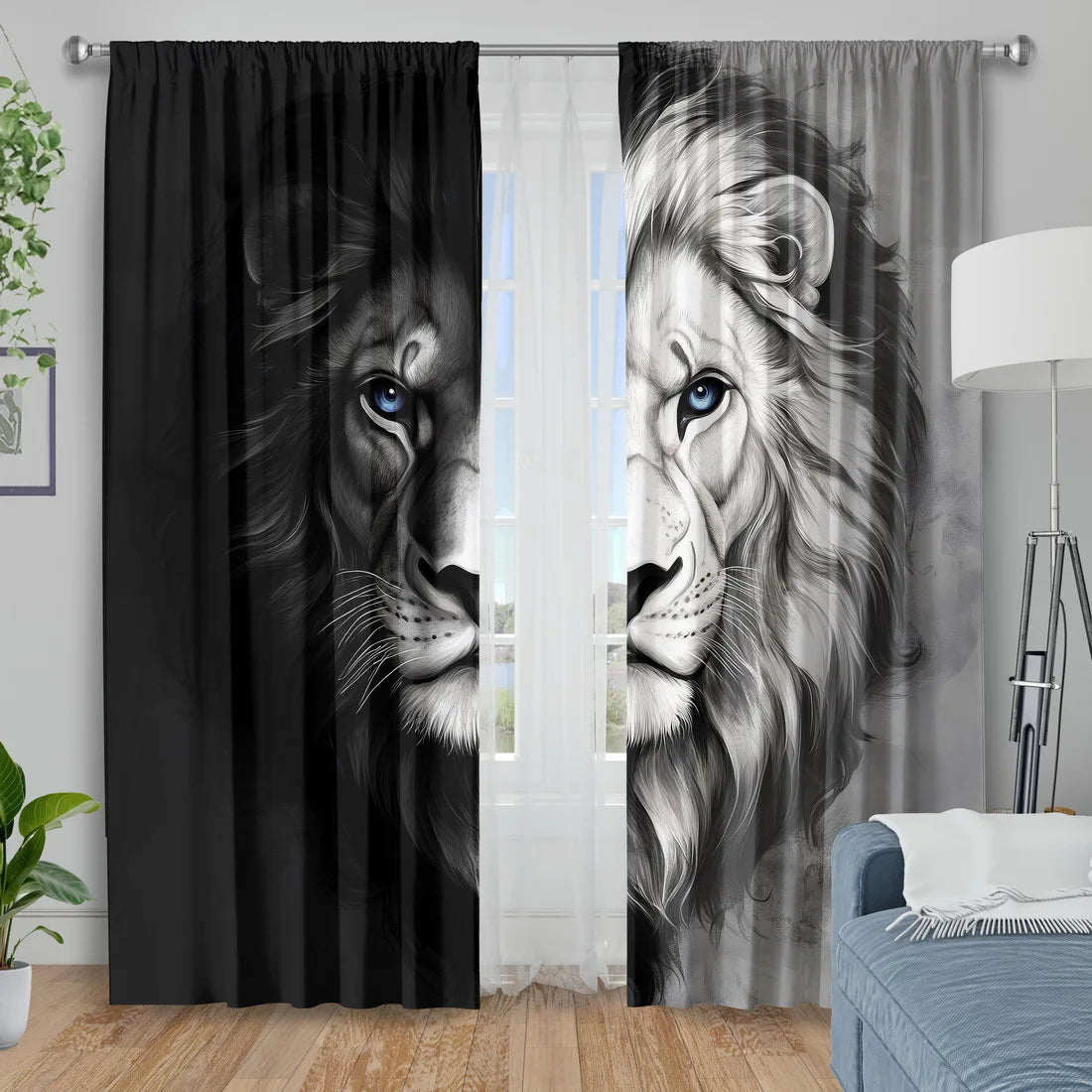 rideau lion noir gris motif géométrique moderne anneaux métalliques polyester chambre salon