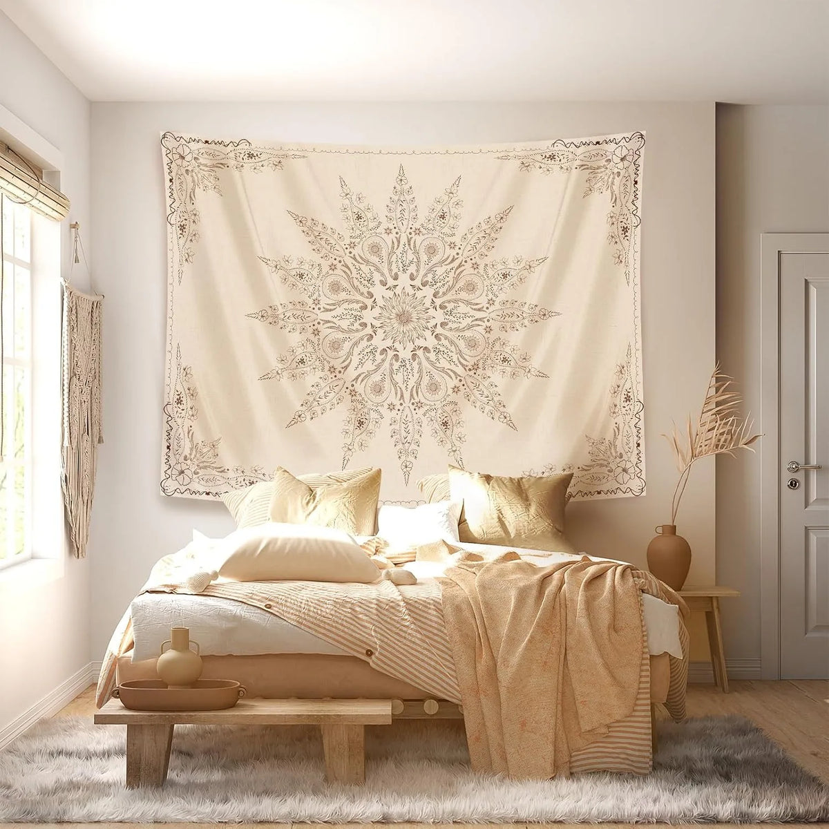tapisserie murale boho chic motif floral complexe polyester beige clair foncé rectangle moderne