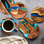 coasters bois naturel moderne 10cm marron bleu turquoise décoration table maison respectueux environnement