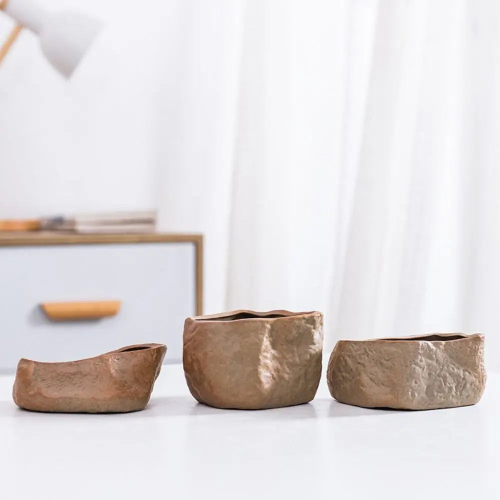 pots plantes succulentes céramique forme pierre drainage moderne naturel opaque marron rocheux