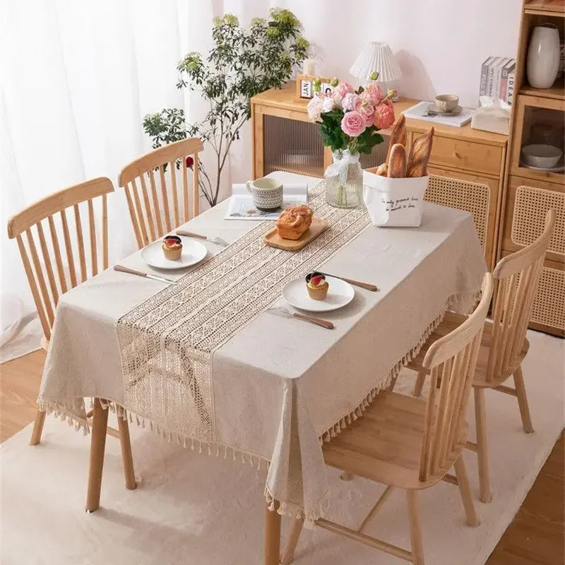 nappe table rectangulaire beige clair rustique boho chic tissée motifs franges