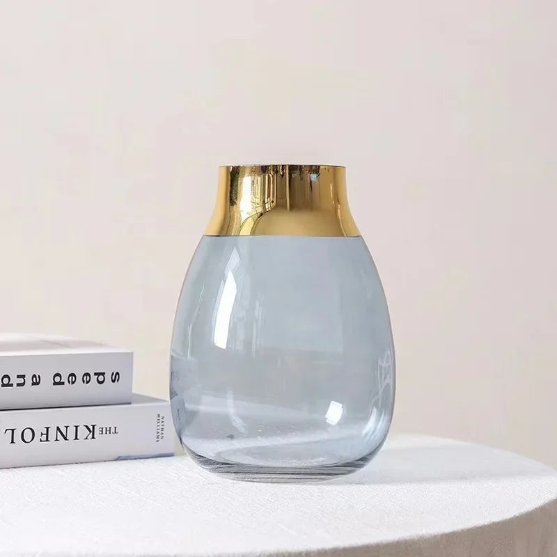 vase transparent moderne fleurs artificielles bleu doré élégant bouche vase 10cm largeur 16cm hauteur