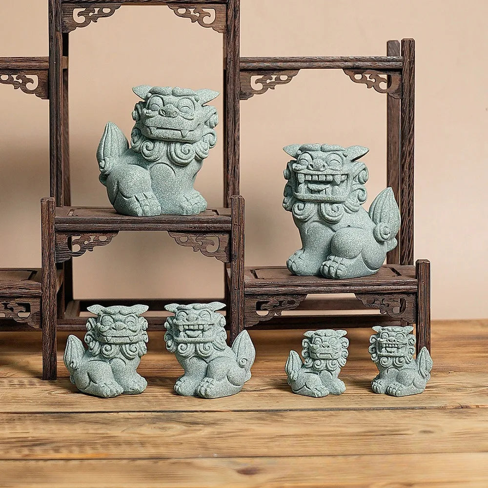 statues feng shui lions verts pierre granuleuse artisanat maison jardin